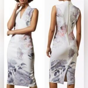 TED BAKER Sz 4 White Pastel Floral Below Knee Slit Back Zipper Closure Lined NEW
